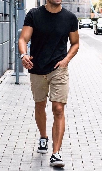 Black T-shirt, shorts, and sneakers