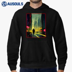 A Man Walks Cyberpunk City Japanese Text Futuristic costume Hoodie