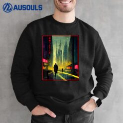 A Man Walks Cyberpunk City Japanese Text Futuristic costume Sweatshirt