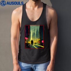 A Man Walks Cyberpunk City Japanese Text Futuristic costume Tank Top