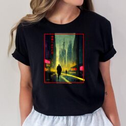 A Man Walks Cyberpunk City Japanese Text Futuristic costume T-Shirt