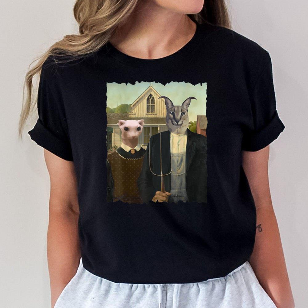 Big Floppa And Bingus Funny Distressed American Gothic Unisex T-Shirt