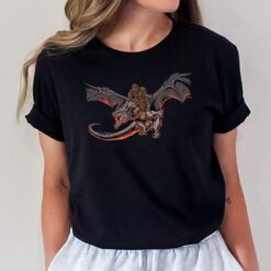 Bigfoot Riding A Dragon Looking at Dinosaurs T-Shirt