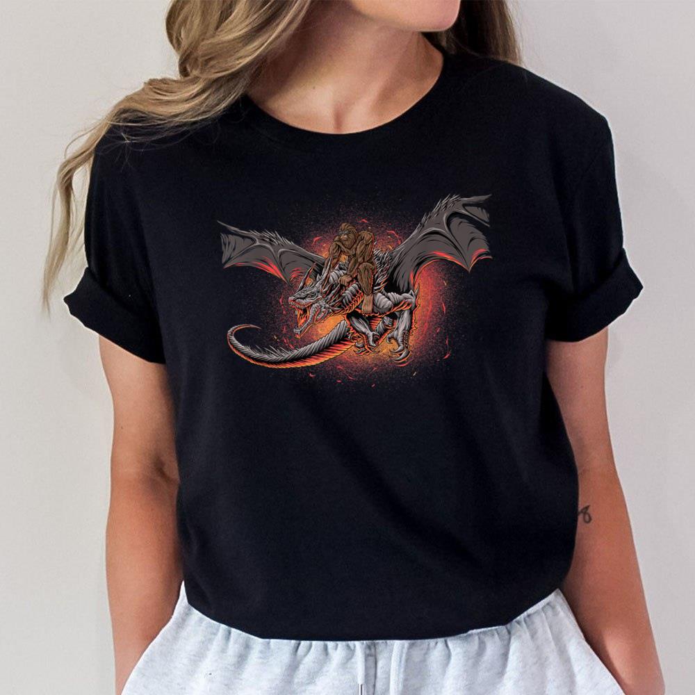 Bigfoot Riding A Pet Dragon Looking At Aliens Unisex T-Shirt