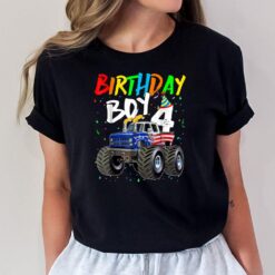 Birthday Boy 4 Year Old Monster Truck Flag 4th Birthday T-Shirt