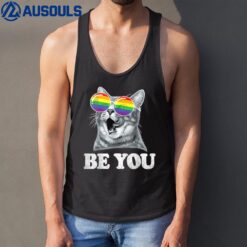 Funny Cat Gay Pride Month Be You Rainbow Sunglasses LGBTQ Tank Top