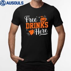 Funny Free Drinks Here Halloween Pumpkin Ghost T-Shirt