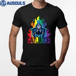 Gayliator Proud Antique Sword Fighter in Rainbow Fire T-Shirt
