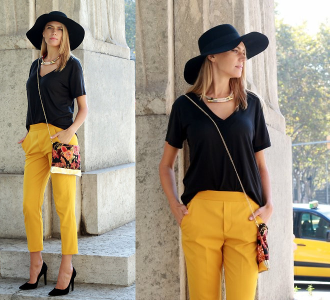 Hand Black Long Sleeve Top with Yellow Jeans + Heels