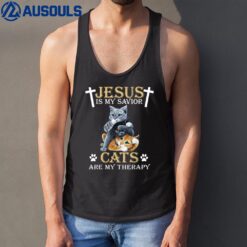 Jesus Is Savior Cats Are My Therapy Christian Funny Cat Tank Top