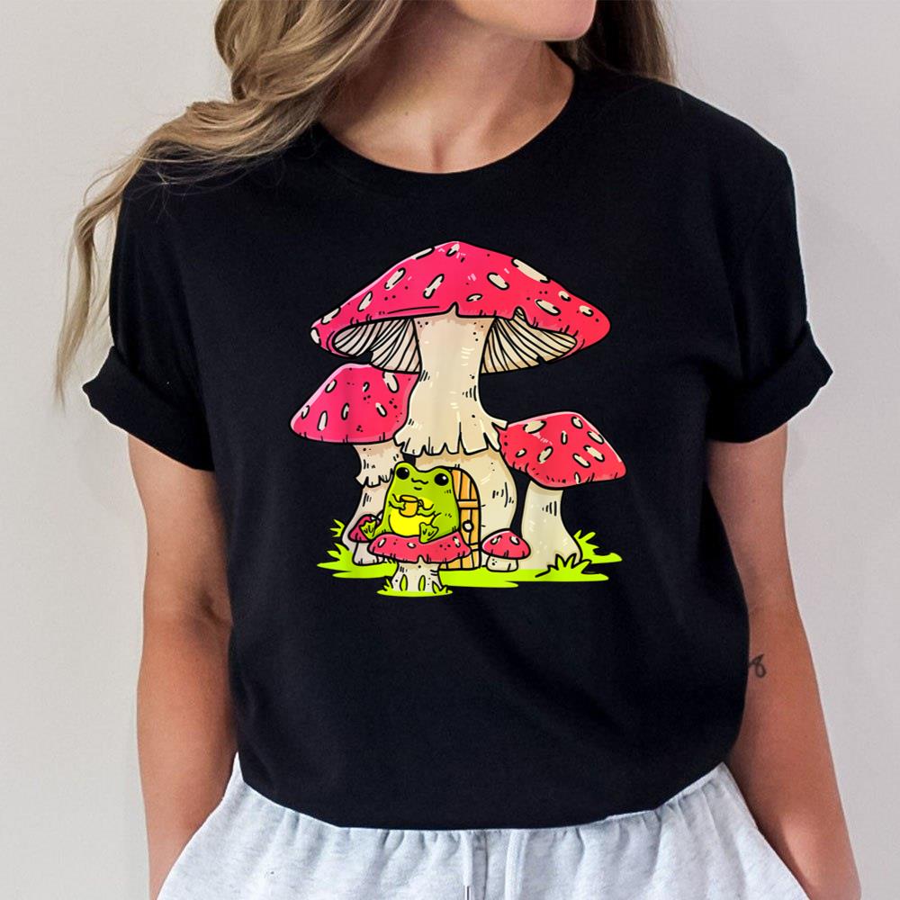 Kawaii Frog Drinking Coffee Mushroom Cottagecore Aesthetic Unisex T-Shirt
