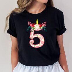 Kids 5 Year Old Gifts 5th Birthday Girls Unicorn Face Flower T-Shirt