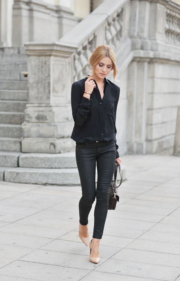 Long Sleeve Blouse with Black Vest + Black Pants + Heel Shoes