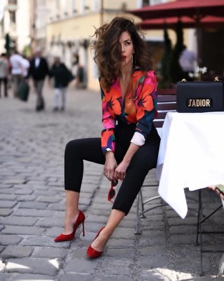 Long Sleeve Floral Blouse Top with Black Pants + Shoes