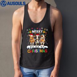 Merry Christmas Cow  Farmer Santa Hat Xmas Lights Tank Top