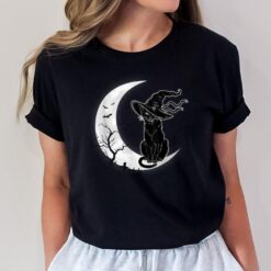 Moon Halloween Scary Black Cat Costume Witch Hat Womens T-Shirt