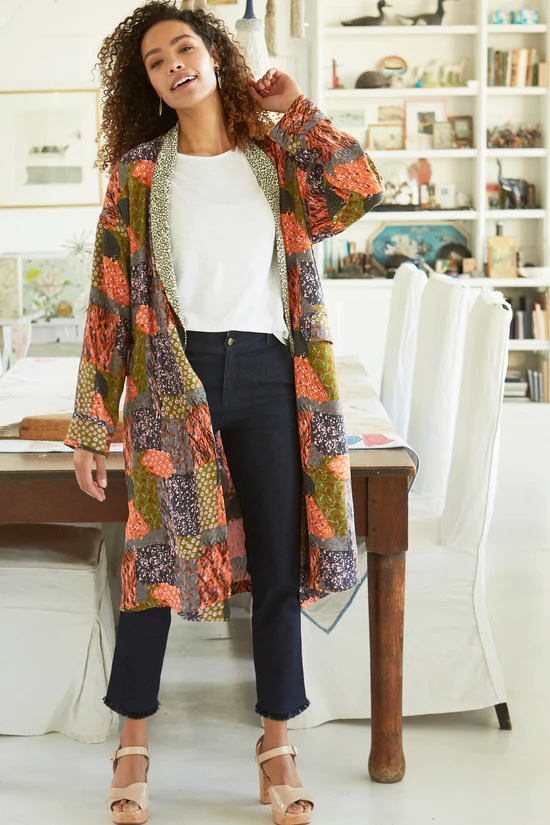Print and Pattern Inner Blouse with Long Jacket + Crop Jeans