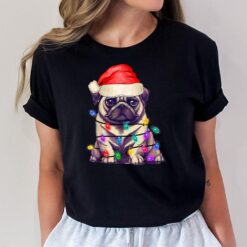 Pug Santa Hat Christmas Tree Lights Funny Dog Lover Xmas T-Shirt