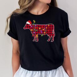 Red Plaid Buffalo Cow Christmas Pajamas Family Xmas Lights T-Shirt