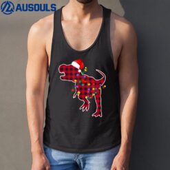 Red Plaid Buffalo Dinosaur Christmas Lights Pajamas Family Tank Top