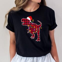Red Plaid Buffalo Dinosaur Christmas Lights Pajamas Family T-Shirt