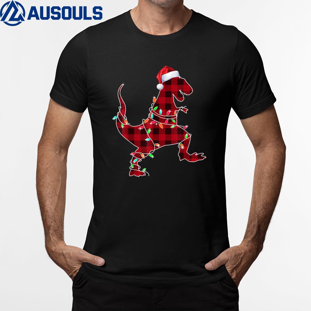 Red Plaid Dinosaur Hat Santa Christmas Lights Buffalo Family T-Shirt Hoodie Sweatshirt For Men Women