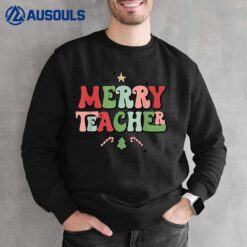 Retro Groovy Merry Teacher Christmas Funny Xmas Holiday Sweatshirt
