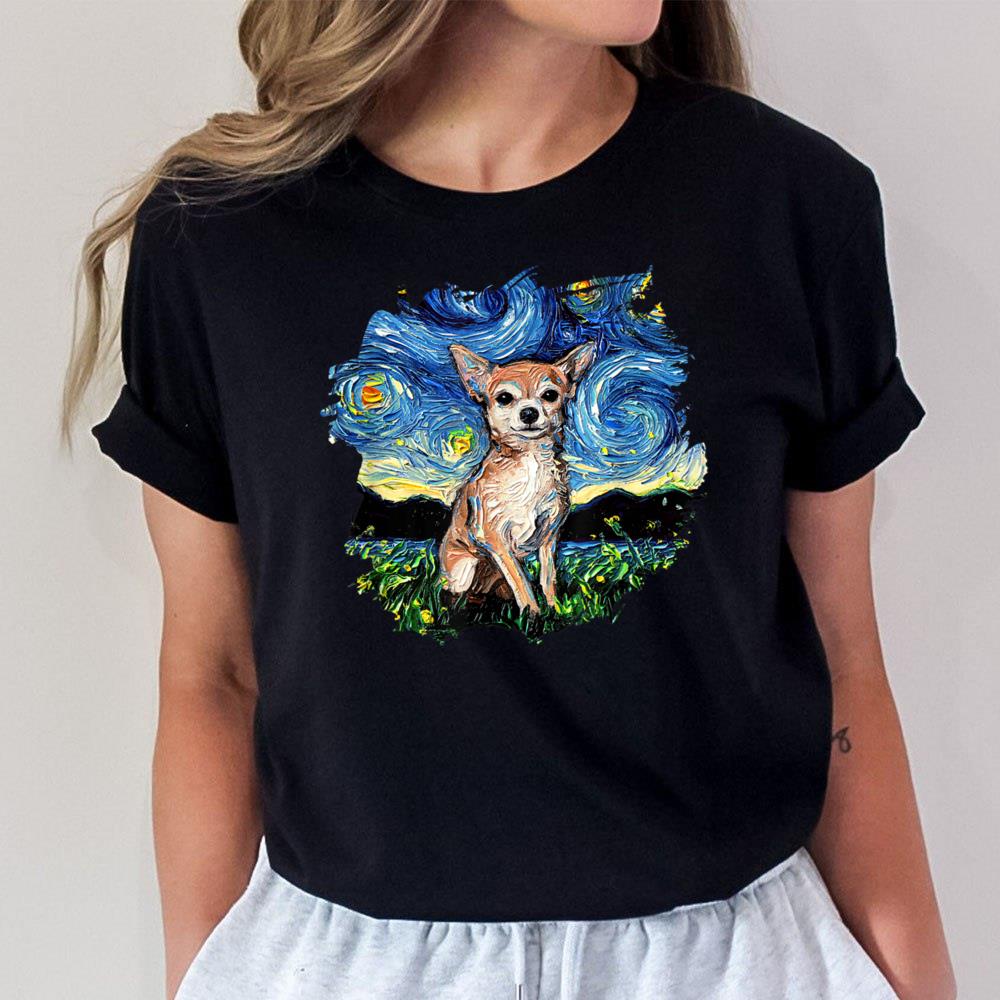 Tan Chihuahua Starry Night Impressionist Dog by Aja Unisex T-Shirt