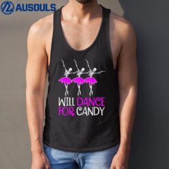 Will Dance for Candy Dancing Skeleton Halloween Squad Girls Tank Top