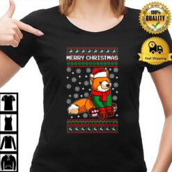 Fox Wearing Santa Hat And Ugly Christmas T-Shirt