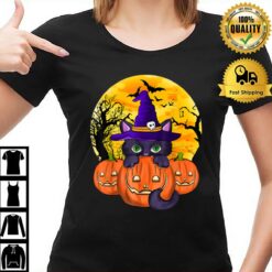 Pumpkin Jack O Lantern Cat Witch Hat Funny Halloween Costume T-Shirt