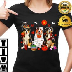 Three Australian Shepherd Dogs Witch Scary Mummy Halloween T-Shirt