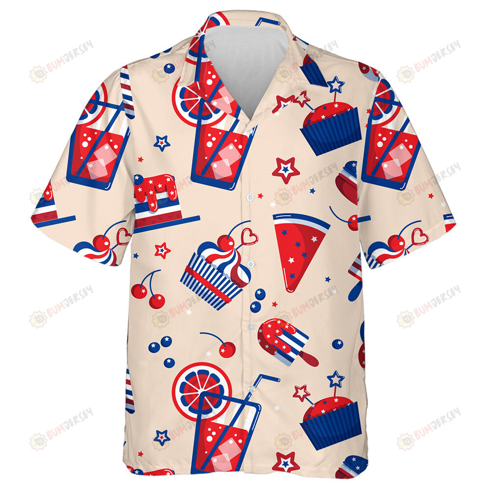 4th Of July Blue Red White Pattern With Food Drink Sweets Cupcakes Hawaiian Shirt