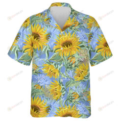 Acrylic Painting Aqua Blue And Yellow Sunflowers Pattern Hawaiian Shirt