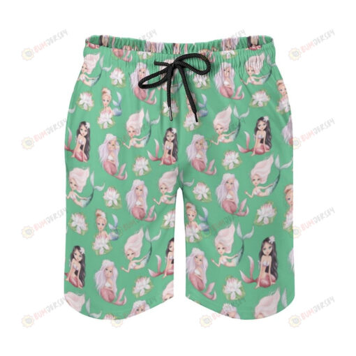 Adorable Little Mermaids And Lotus On Green Hawaiian Shorts Summer Shorts Men Shorts - Print Shorts