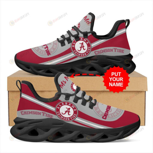 Alabama Crimson Tide Logo Pattern Custom Name 3D Max Soul Sneaker Shoes In Red Gray