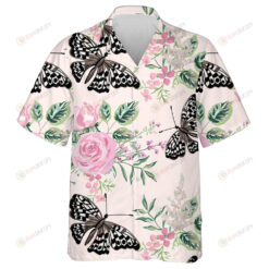 Amazing Butterfly With Pink Roses Green Leaves Bouquet Design Hawaiian Shirt