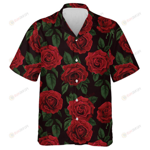 Amazing Red Roses And Green Leaves On Dark Background Design Hawaiian Shirt