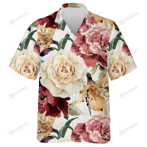 Amazing Red White Rose And Yellow Lily Flower Watercolor Design Hawaiian Shirt