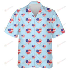 America Flags Stickers Love Hearts Symbols On Blue Background Hawaiian Shirt