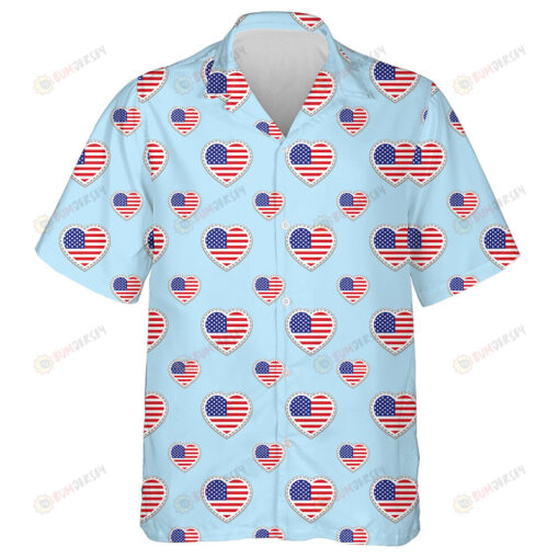 America Flags Stickers Love Hearts Symbols On Blue Background Hawaiian Shirt