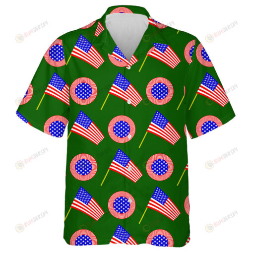 American Flag And Circle Icon Pattern Isolated On Green Background Hawaiian Shirt