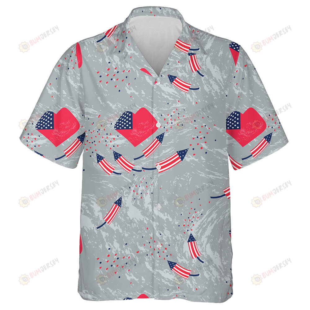 American Flag In The Shape Of A Heart And Firecrackers Hawaiian Shirt