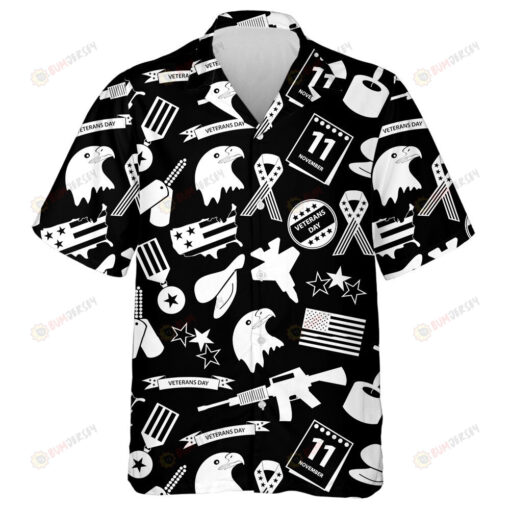 American Veterans Day Celebration Symbols In Black And White Hawaiian Shirt