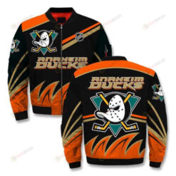 Anaheim Ducks Printed Logo On Flame Pattern Bomber Jacket- Green/Black