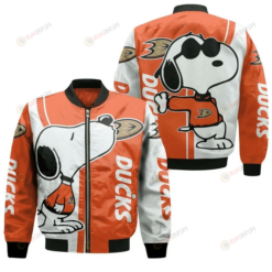 Anaheim Ducks Snoopy Lover Pattern Bomber Jacket- Orange/White