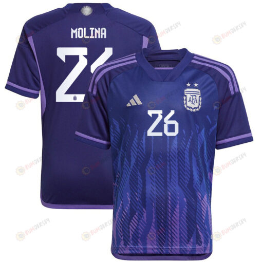 Argentina 2022-23 Qatar World Cup Nahuel Molina 26 Away Youth Jersey - Dark Blue & Light Purple