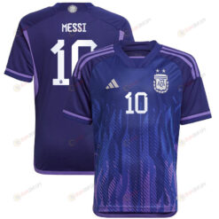 Argentina National Team 2022-23 Qatar World Cup Lionel Messi 10 Away Youth Jersey - Dark Blue & Light Purple
