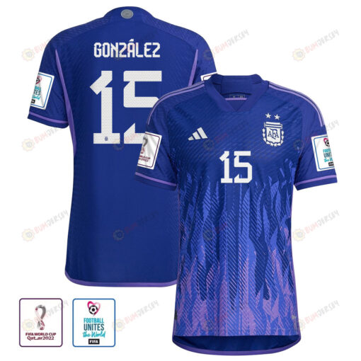 Argentina National Team FIFA World Cup Qatar 2022 Patch Nicol?s Gonz?lez 15 Away Men Jersey