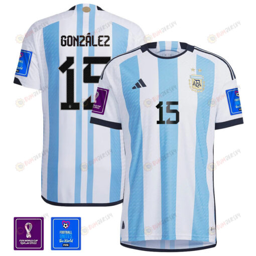 Argentina National Team FIFA World Cup Qatar 2022 Patch Nicol?s Gonz?lez 15 Home Men Jersey